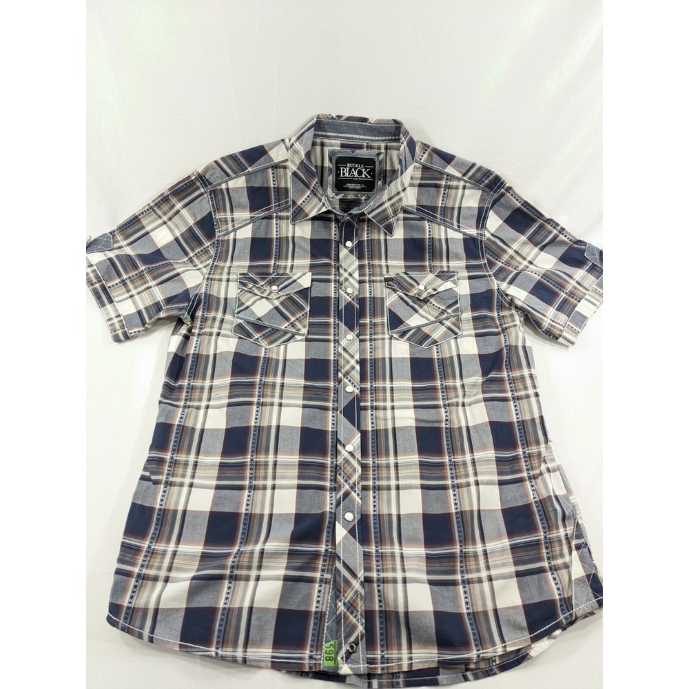 BKE Mens Size L Navy Grey White Plaid  Athletic Fit Western Snap Button SS Shi‎